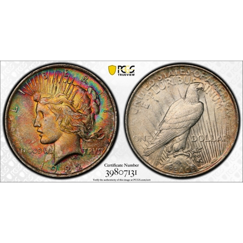 1922 $1 Peace Dollar PCGS AU 58 CAC Approved Monster Toned Colorful Beauty !