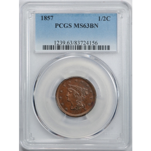 1857 1/2C Braided Hair Half Cent PCGS MS 63 BN Uncirculated Brown Key Date !