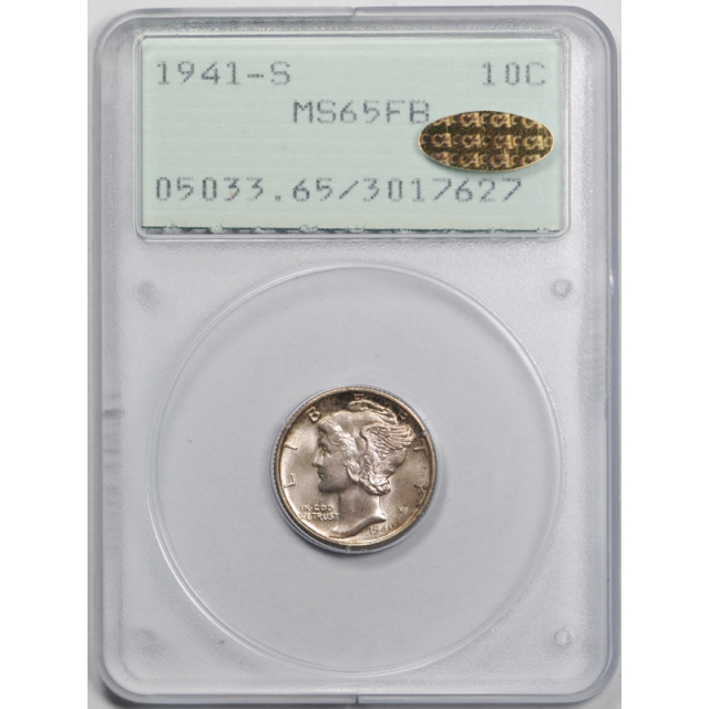 1941 S 10C Mercury Dime PCGS MS 65 FB Full Bands Rattler Holder Gold CAC Sticker