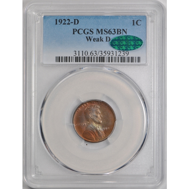 1922 D 1C Weak D Lincoln Wheat Cent PCGS MS 63 BN Uncirculated CAC NoD?