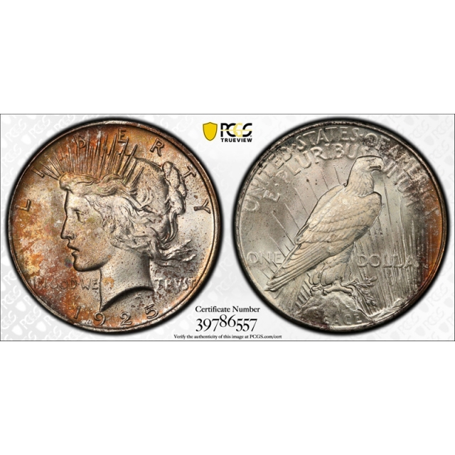 1925 $1 Peace Dollar PCGS MS 65 Uncirculated Golden Colored Toning Unique Coin ! 