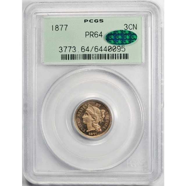 1877 3CN Three Cent Nickel PCGS PR 64 CAC Approved Key Date OGH Original 