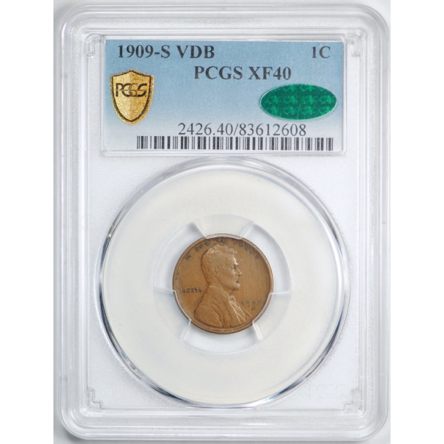 1909 S VDB 1C Lincoln Wheat Cent PCGS XF 40 Extra Fine CAC Approved Key Date !