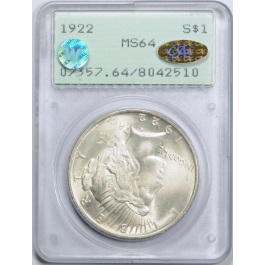 1922 $1 Peace Dollar PCGS MS 64 Rattler Holder Gold CAC Sticker